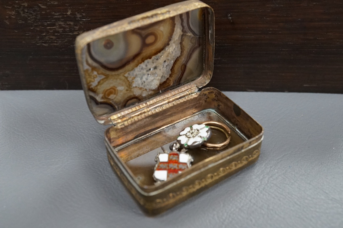 A 19th century yellow metal mounted intaglio pendant, assorted unmounted cameos, snuff box and collectables. Condition - varies